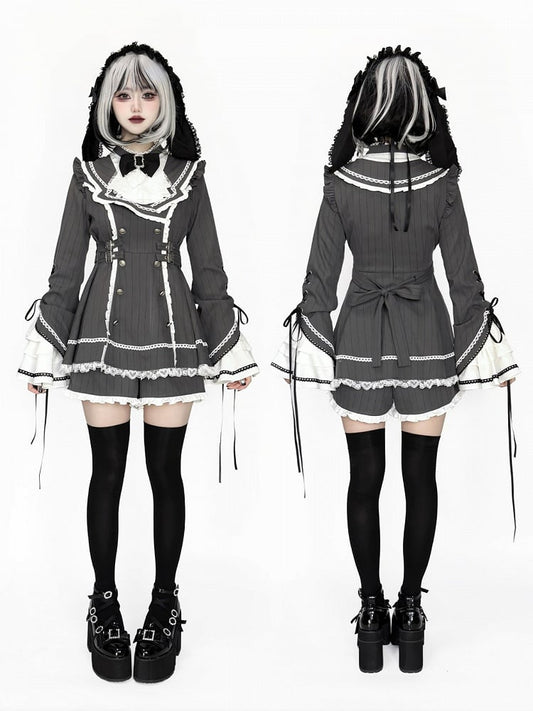 and Pattern Shorts Set Grey Flounce Trimmed with Striped Kei Lace Dress Sleeve Jirai