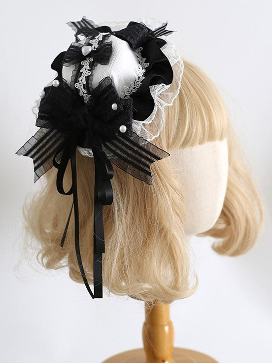 Beaded Lace Sweet Clips Details Bowknot Trim WhiteBlack Hat Mini Decorated With Lolita