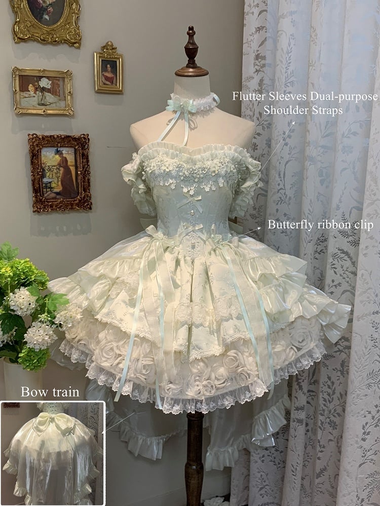 Flower with Lolita Jacquard Green Accents Layered Dress Lace Blooming Hime Mint Basque Waist Fluffy