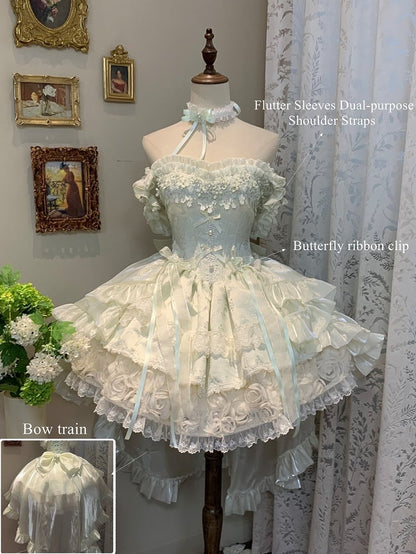 Flower with Lolita Jacquard Green Accents Layered Dress Lace Blooming Hime Mint Basque Waist Fluffy