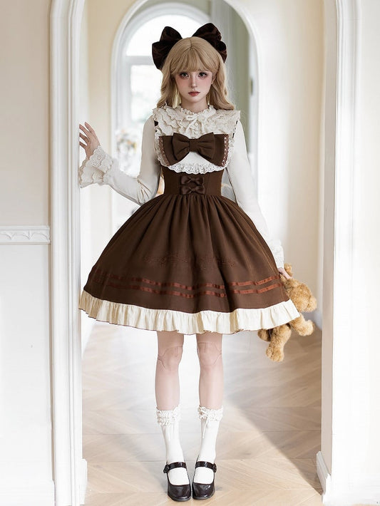 Bust Hat Bow Knit + JSK Detachable Violin Top Lolita Beige Embroidery Under Brown Classic