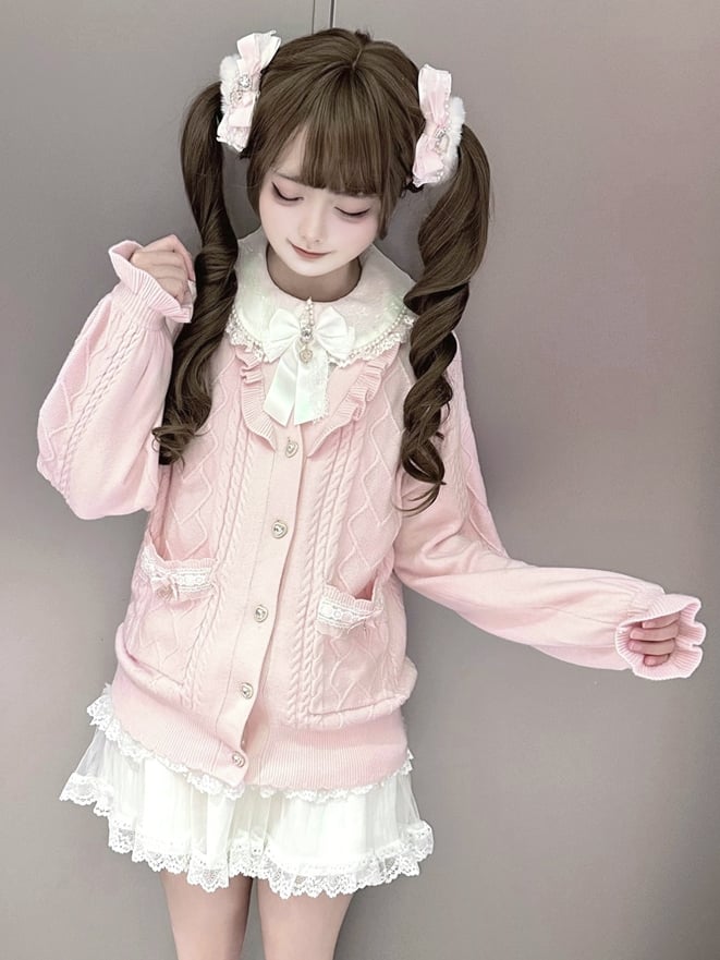Sweet Jirai Kei Light Pink Knit Sweater with Heart-Shaped Rhinestone Buttons