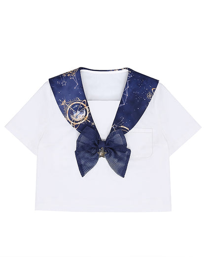Dunkelblaues Matrosenkragen-Oberteil mit Himmelskugel-Print und weißem JK-Uniform-Oberteil