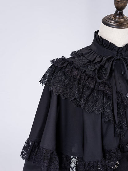 Lace Trim Cape Shirt with Detachable Collar in All-Black Elegance - DevilInspired Exclusive Collection