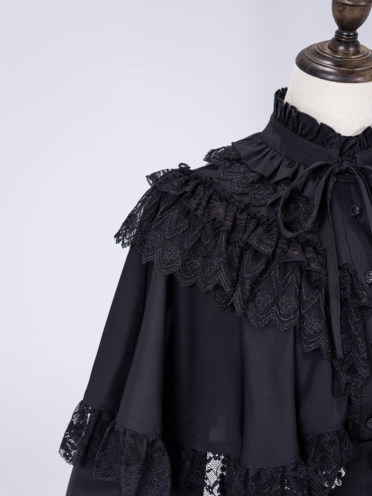 Black Lace-Trimmed Cape Shirt with Detachable Collar - DevilInspired Exclusive Collection