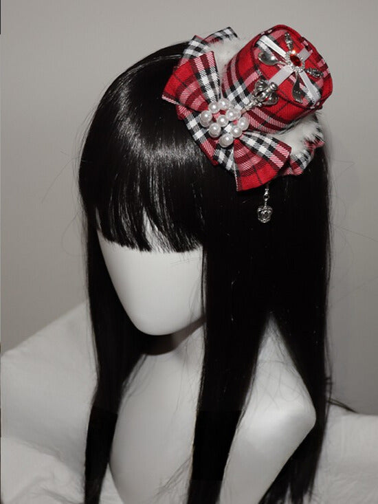 リボン結びの赤いチャームミニ装飾クラウンパターンチェック柄帽子ビーズ