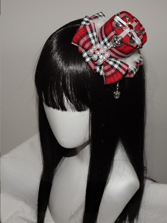 リボン結びの赤いチャームミニ装飾クラウンパターンチェック柄帽子ビーズ