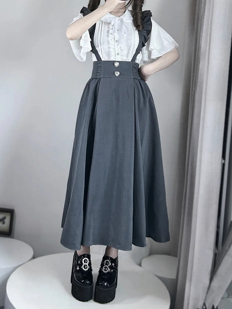 Short Bead Peter SleevesRuffled Jirai Collar Kei Blouse:Tiered Button Pan White Placket