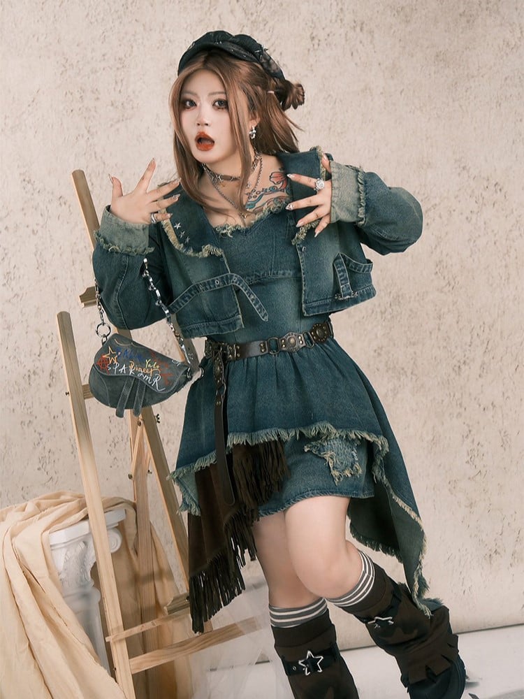 Size Jacket with Y2K Punk Hem Wasteland Plus Denim Gray-Blue Raw Crop