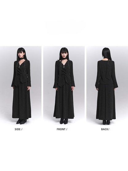 Placket with Black Neck Strap Pleated Top Trim V-Neck