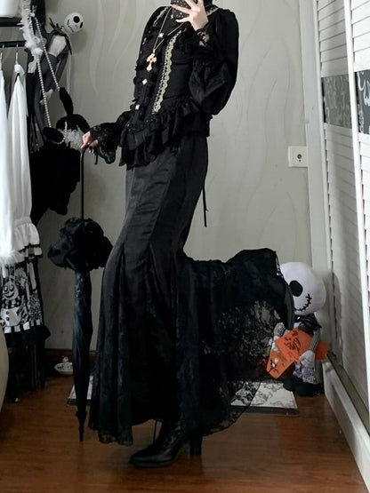 Sleeves Blouse + Ruffled Skirt Lolita Classic Details with Golden Lace Black Mermaid Long Set Elegant