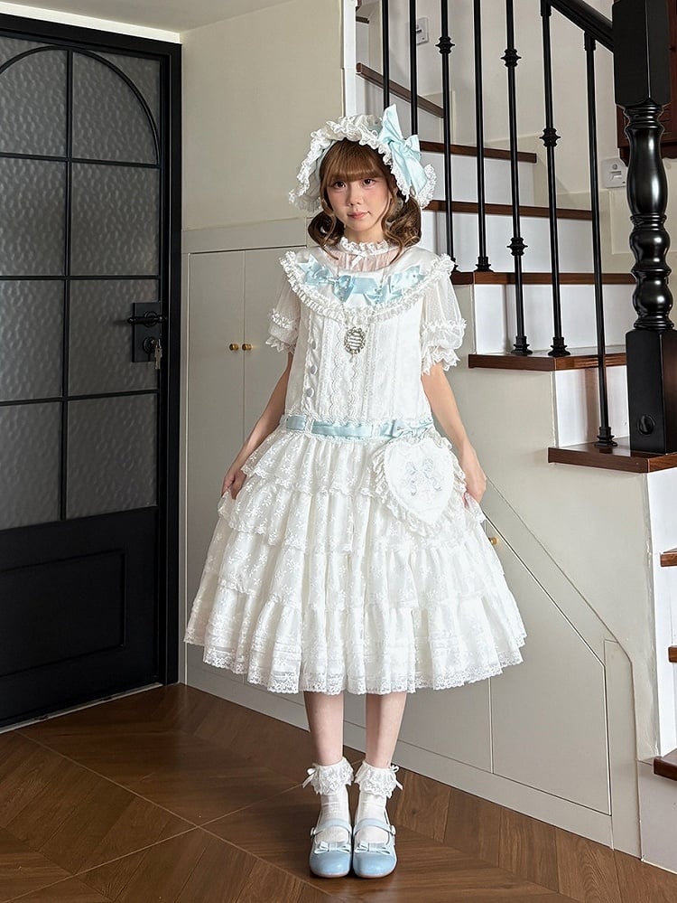 Classic Elegant White Lolita JSK Lace Gown with Heart Waist Pouch - Miss Cube Dressworks