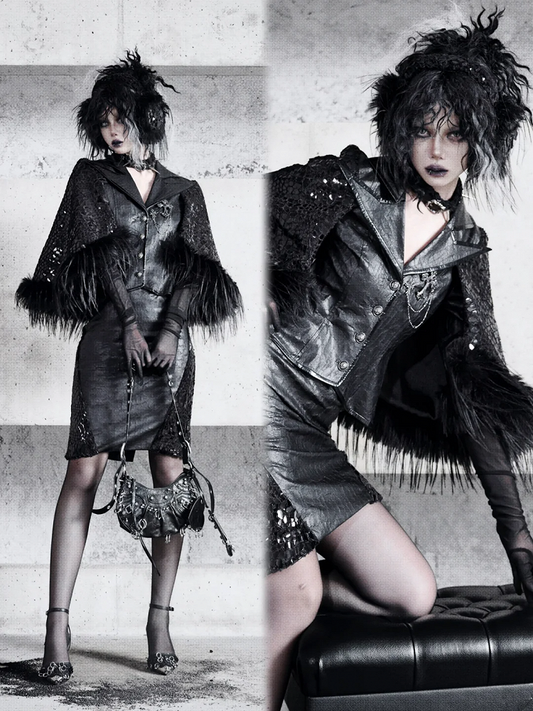 ブラックのシャープアングルノッチカラーオフィスレディふわふわヘムラインケープブレザー