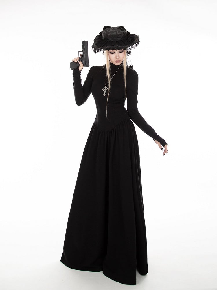 Black A-Line High-Neck Dress with Gothic Thumbhole Cuffs