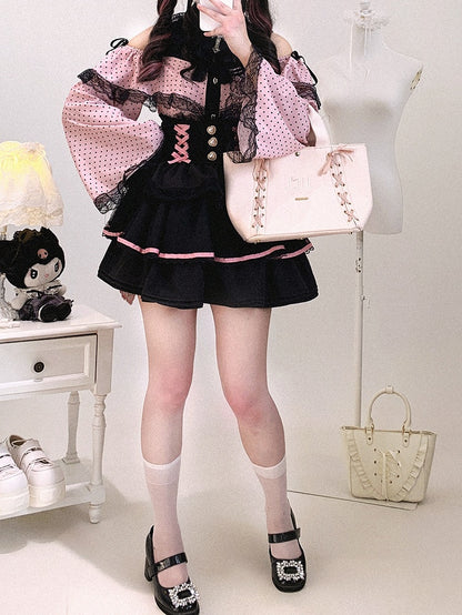 Jirai Sleeves Kei Polka-dot Bell / Blouse | White Pink