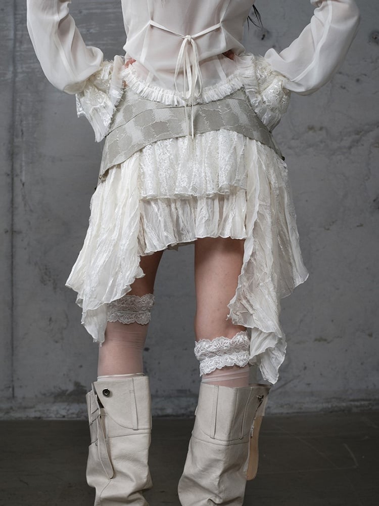 Asymmetrical Beige Punk Skirt with PU Studded Detail