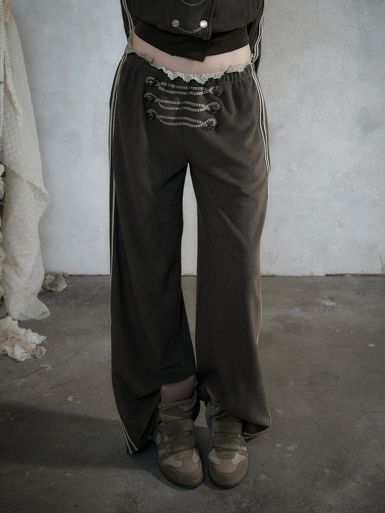 Khaki Green Double-Breasted Straight Leg Sweatpants with Lace Trim, Punk Style - NO ROMANCE