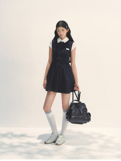 Navy Academy White Two-Piece Dress with Style Blue Retro Fake Details Pleated