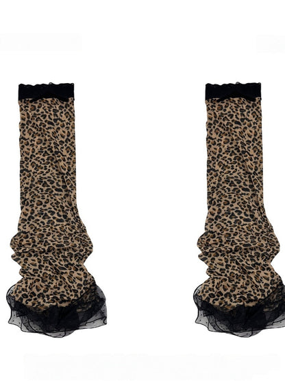 Leather Ruffle Print with Lace Leg Leopard Decoration Warmers Y2K Bow Brown