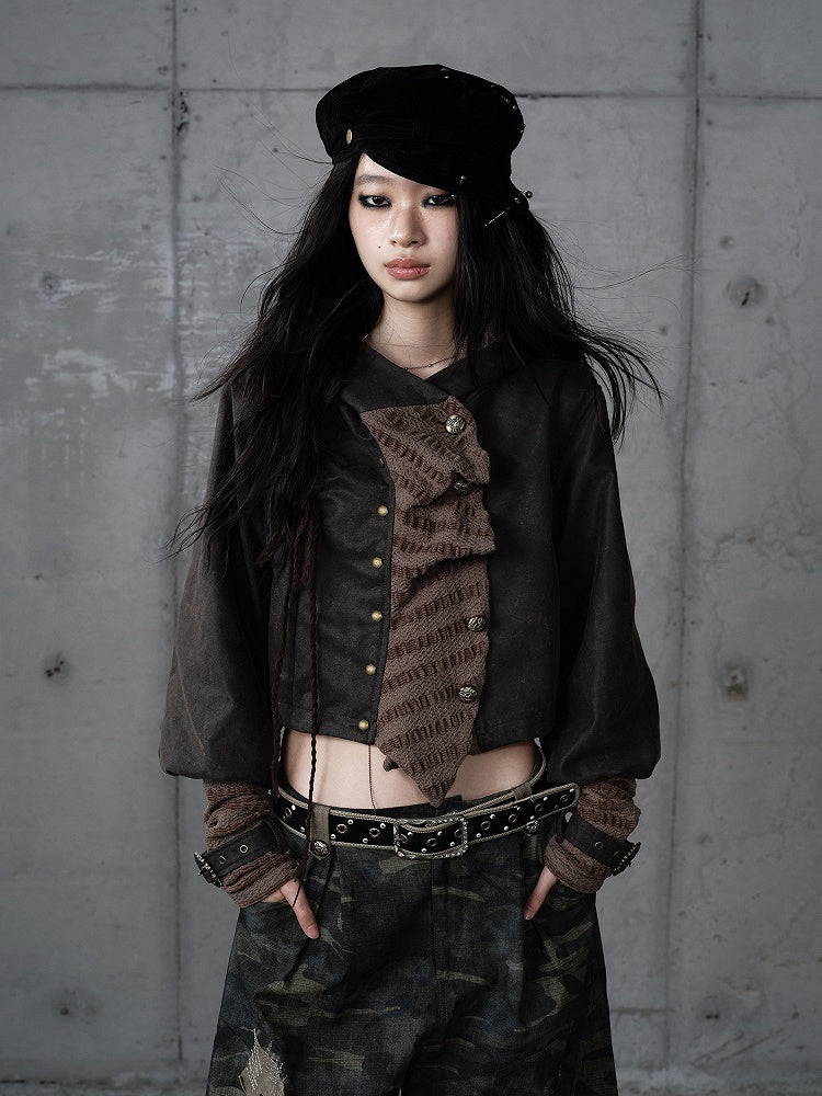 Dark Vintage Knit Jacket Hoodie with Green Paneling Suede