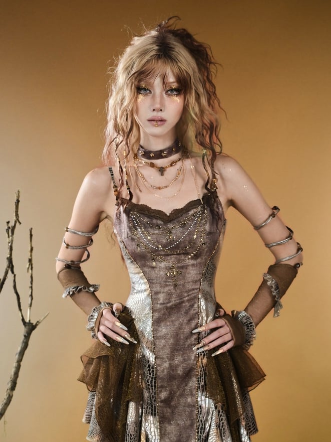 Punk Ruffles Pattern Brown Gloves Trim Wasteland Snakeskin