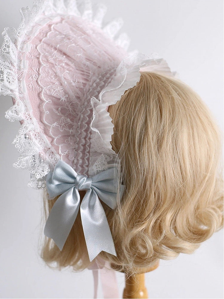 Bonnet Bow-Accented Blue Layered Base Lace Pink