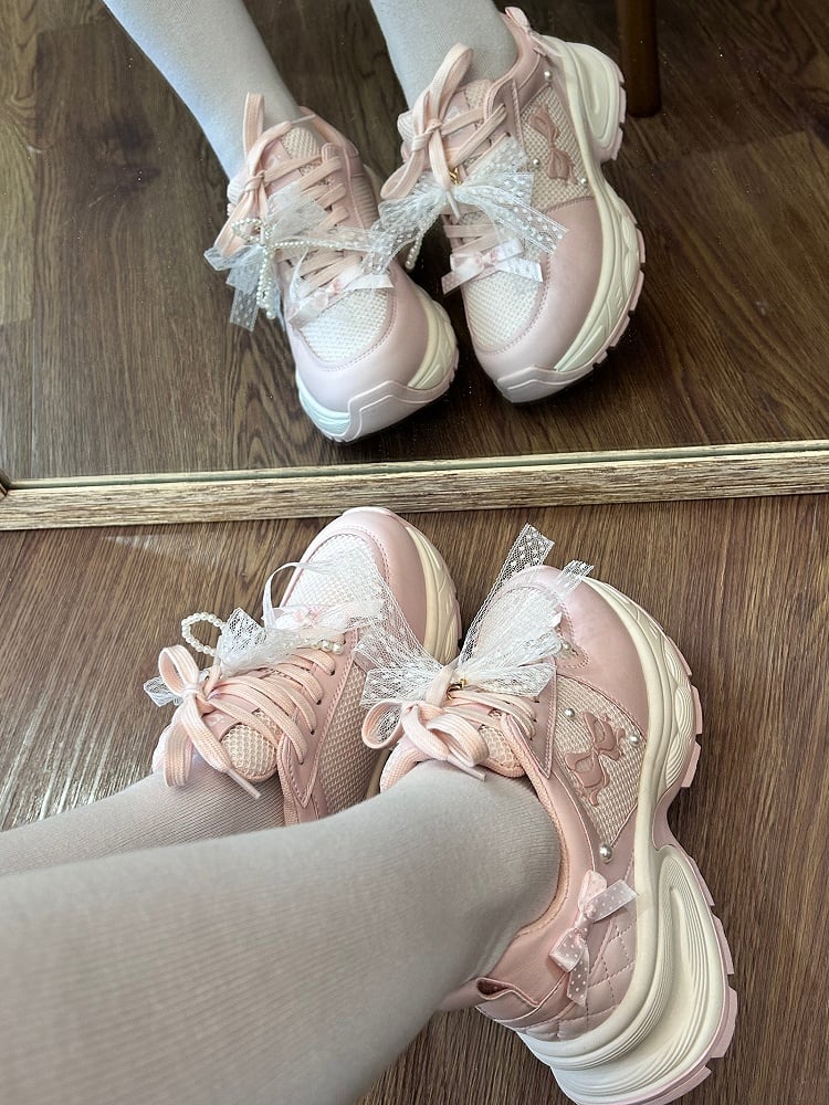 Schnürdetails vorne, Schnürsenkel, Sneakers, Schleife, verziert mit Perlen, Rosa