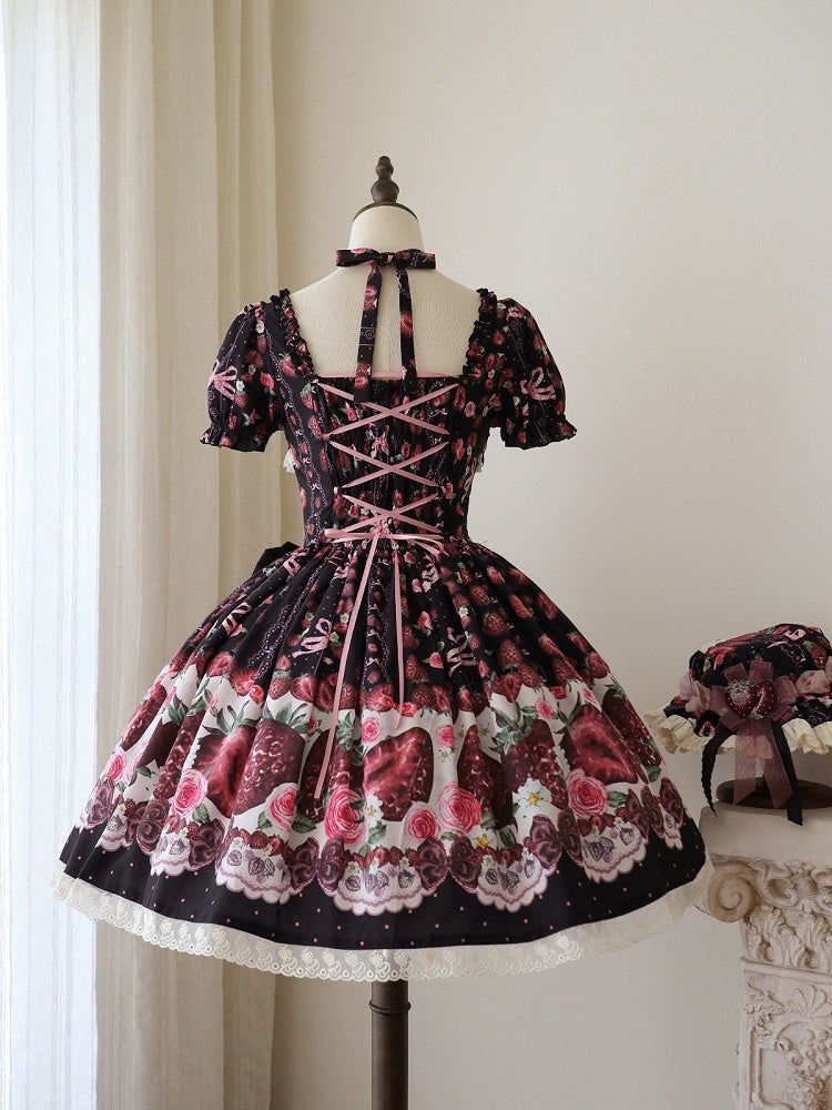 Black Strawberry Square Neck Puff Sleeve Lolita OP