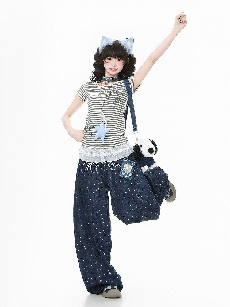 Striped Gray & Kitty Print Lace-Trimmed Blouse - Languid Park