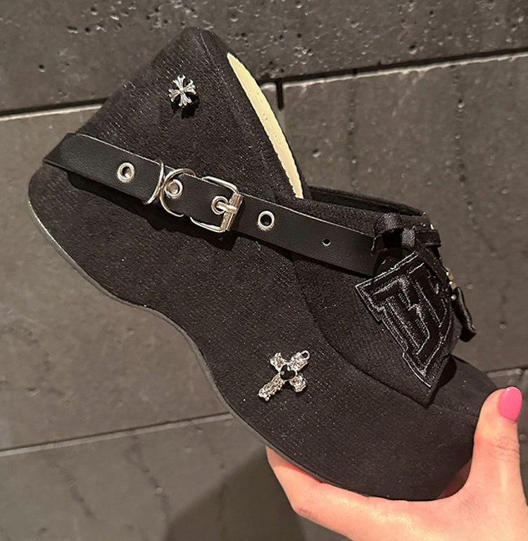 Punk Black Cross Goth Accents with Embellishment Bow Platforms