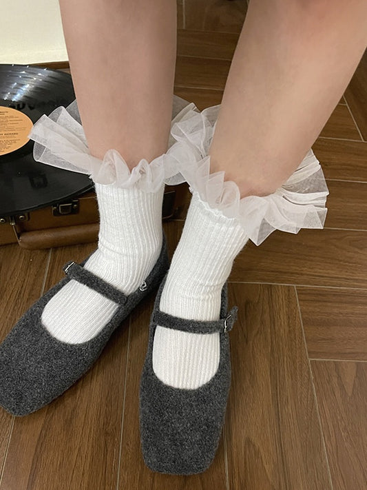 White Sweet Lace Trim Calf Socks