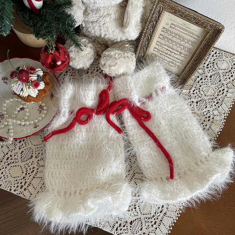 Leg Fluffy Warmers with Bow Red Accents Knit
