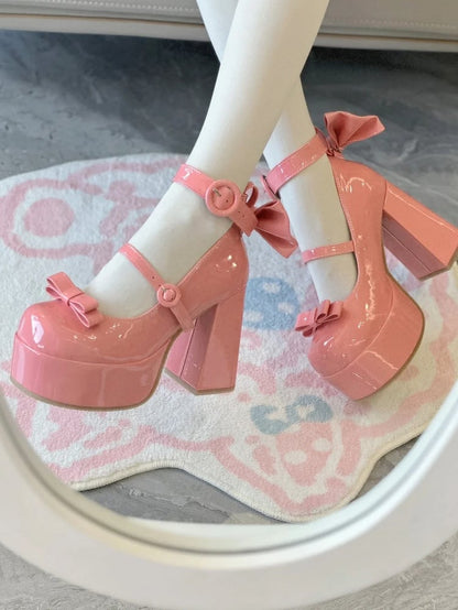 Block Circular Accent Janes Mary - Heel High Barbie Elegant and Pink Bow Clasp Removable