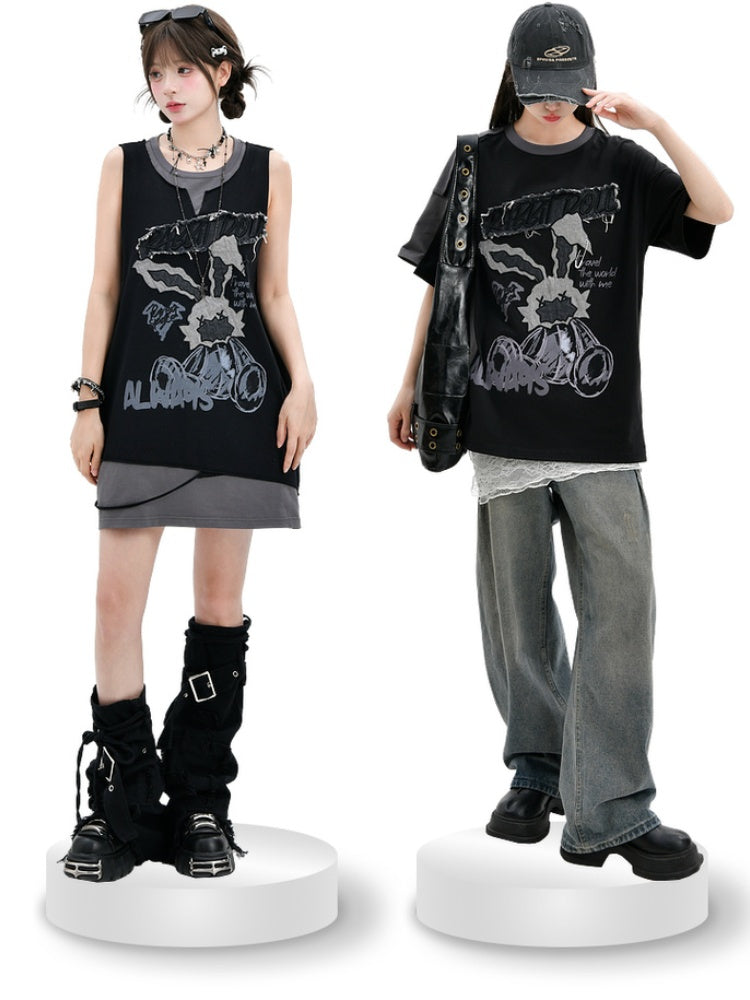 ビタースイートとTシャツのツーピース、フェイクブラックアップリケ、グレーのウサギ柄文字