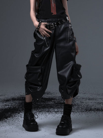 Black Zipper Decorative Mid-length Punk Rock Pants Wide-leg PU -