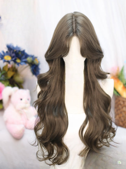 Black Tea/Brown Under Bust Length Wavy Wig with Curtain Bangs