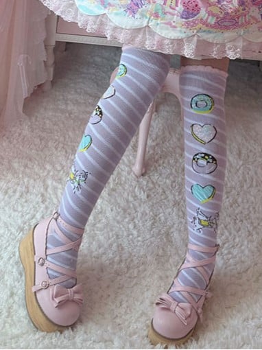 Over Striped Knee Donut Unicorn Pattern Print Lolita Pink/Yellow/Blue/Purple Stockings