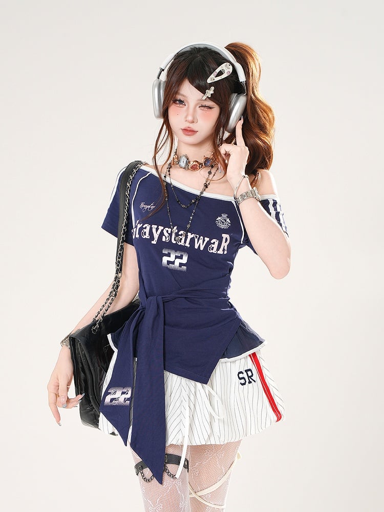 Red/Blue Straps at Waist Asymmetrical Neckline Blokette Core T-shirt Self-tie