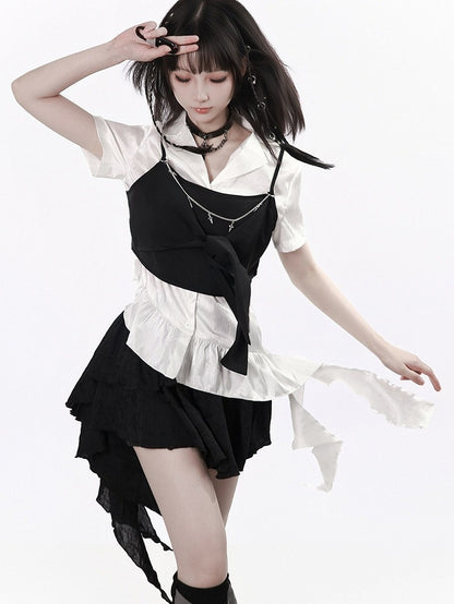 White Asymmetric Hem Herringbone Shirt with Cami Set - PINK SAVIOR