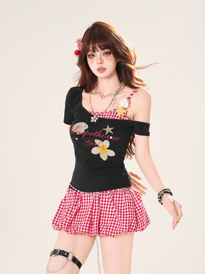 Yellow/Red Plaid Drawstring Waist Bubble Skirt