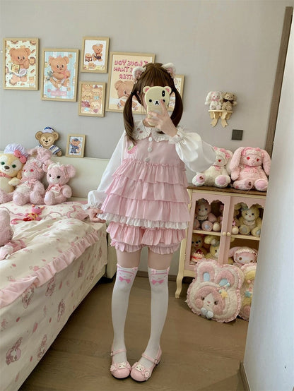 Skort Daily Accents Tiered with Bow Pink Ruffles Kawaii