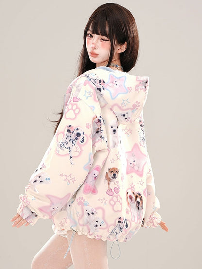 Blue Cute Puppies Pattern Reversible Zip Hoodie