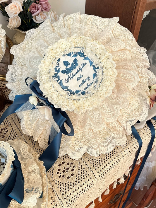 Hat Blue Poetry‌ Beige Embroidery Mulberry Straw and