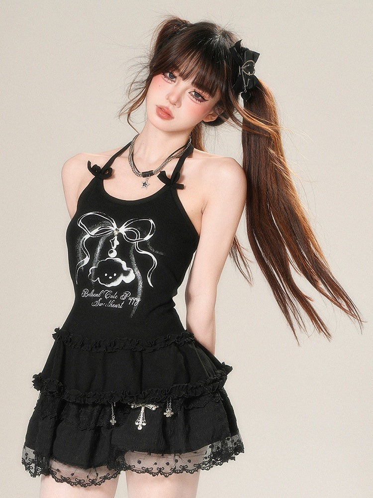 Puppy Glamorous Halter Bittersweet Black Letter Bowknot And Print