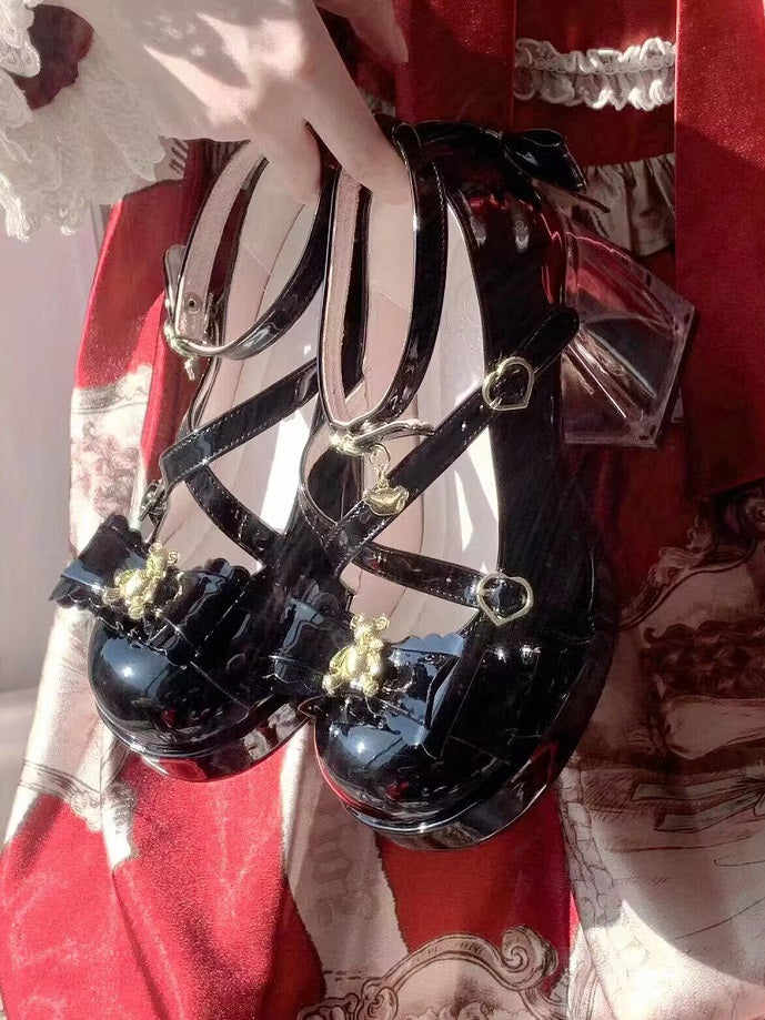 Heels - Block Leather Black High PU Crisscross Straps Lolita Sweet