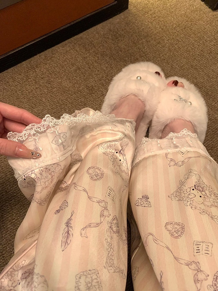 Satin Pajama Lace with Cat Lining Trim Set Print Fleece