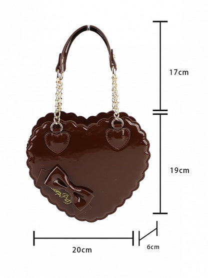 in Style Cookie PU Bag Brown - Heart 2-Way Closure Zipper Bow Lolita with Decor