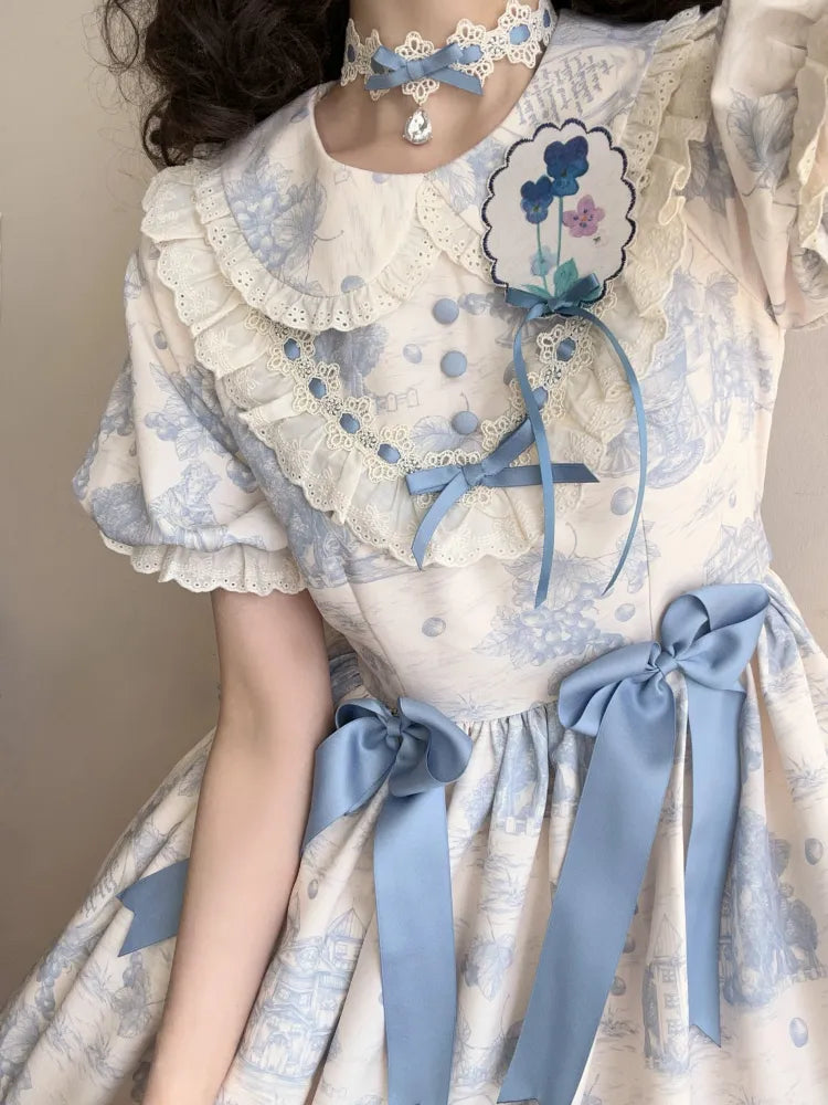 Kragen Lolita Kleid Pan Trauben Kurze Ärmel Blau Peter Print