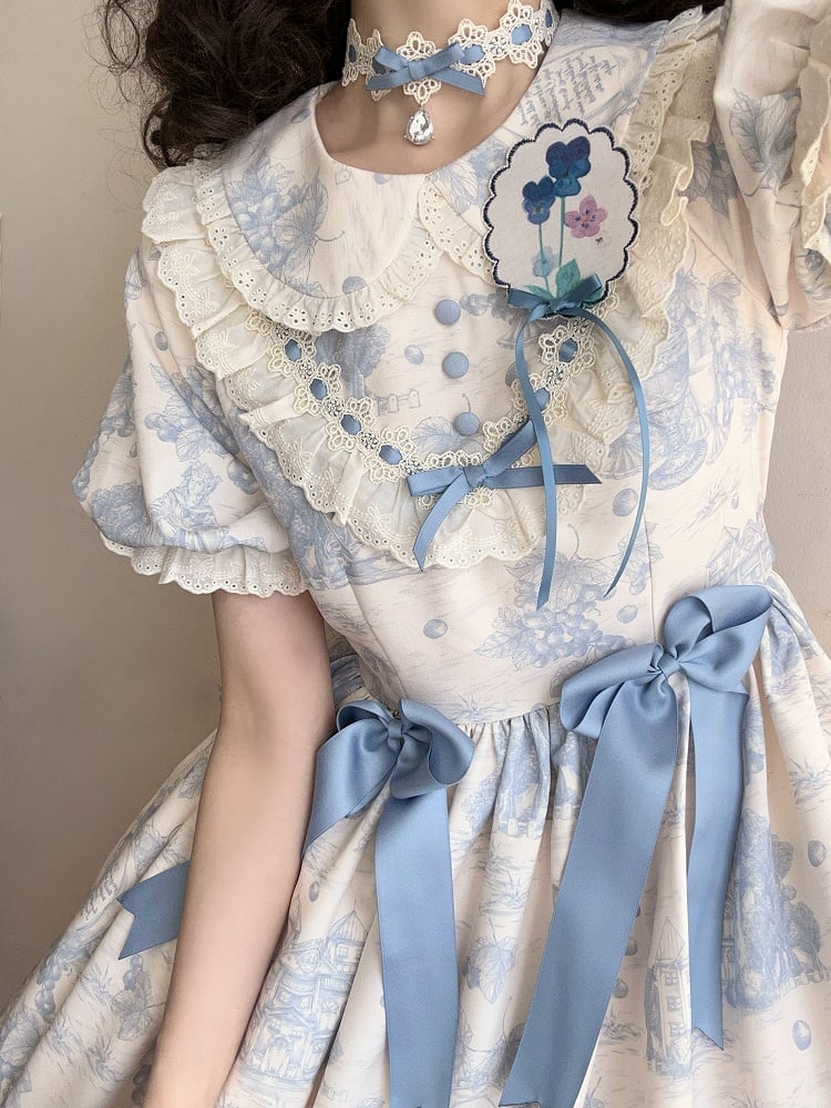 Dress Print Collar Blue Lolita Pan Short Sleeves Grapes Peter