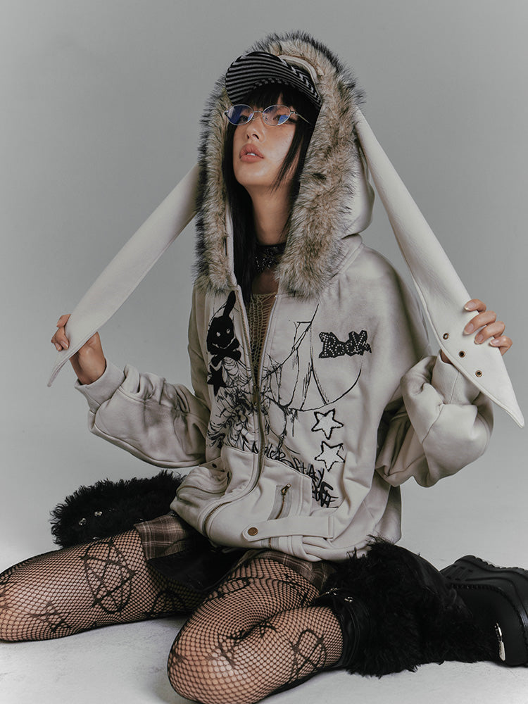 Spiderweb Zip and Punk Bunny Fleece Gray Ears Rock Print Skeleton Hoodie